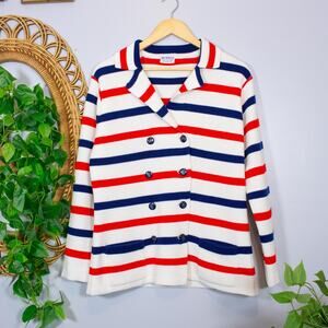 Vtg Mod 1960s Red White Blue Striped Double Breasted Knit Cardigan Bright Spring